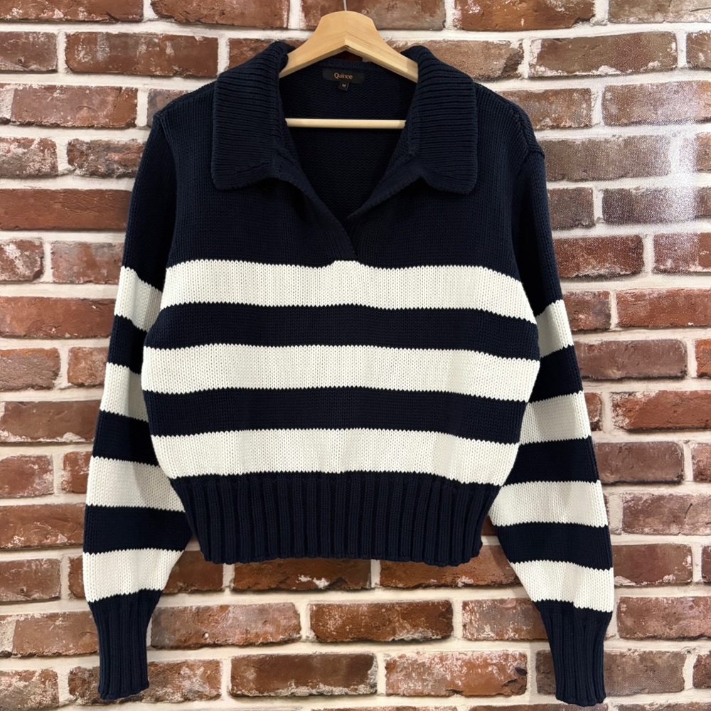 Quince 100% Organic Cropped Cotton Polo Sweater in Navy & White, Medium - Picture 4 of 8
